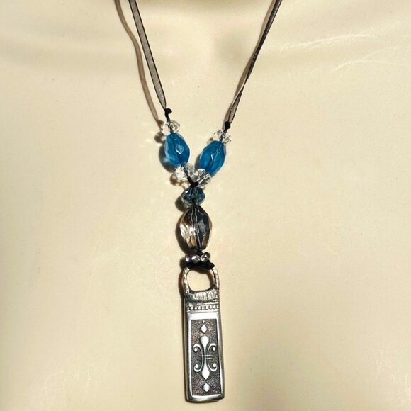 Vintage Silverware Necklace With Blue & Clear Beads Pendant - Picture 6 of 14